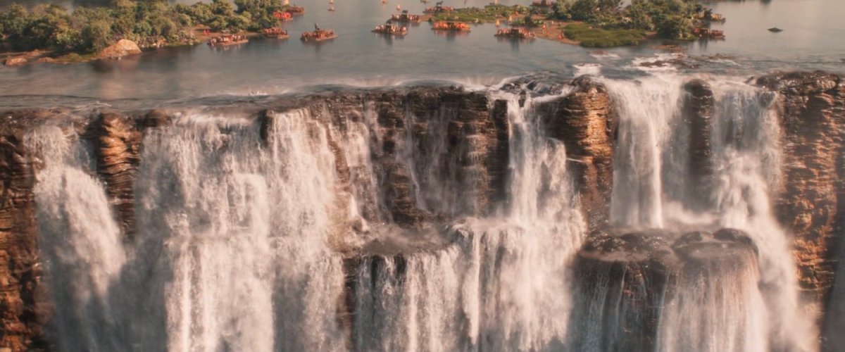 Aerial view of Warrior Falls in Wakanda.