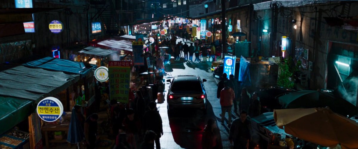 High angle of Busan street market at night.