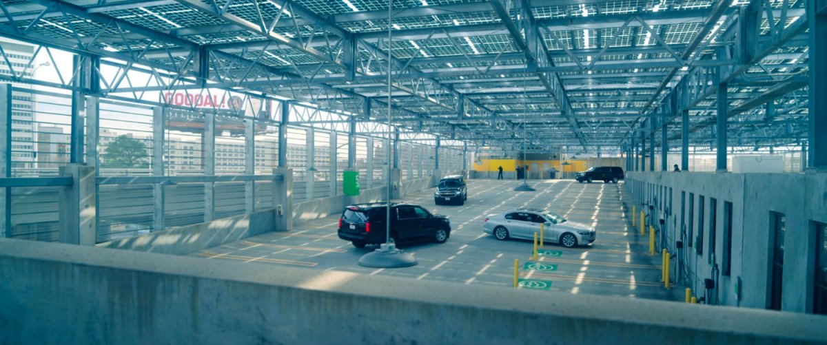Interior of futuristic parking garage.