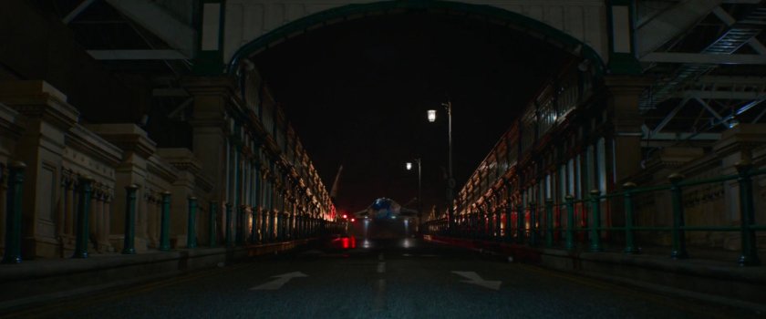 A quinjet flying out of the entrance ramp to the train station.