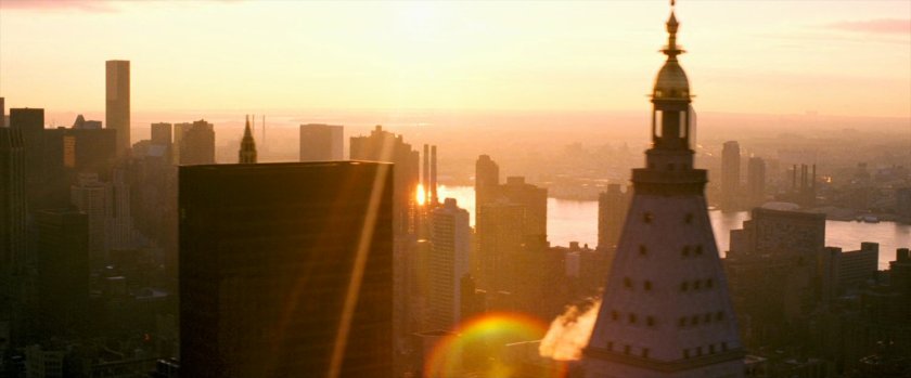 Sunrise over New York skyline.